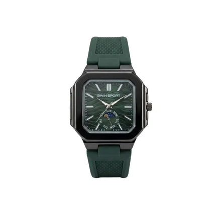 Green watch with a detailed face on a white background