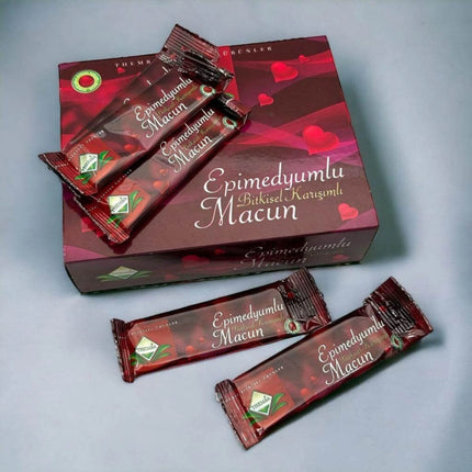 Epimedyumlu Macun candy bars and packaging on a gray background