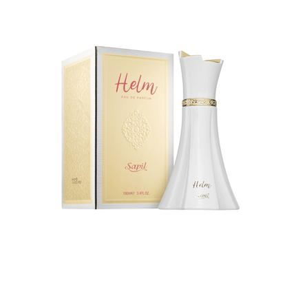 White Helim perfume bottle with gold accents and matching packaging on a white background