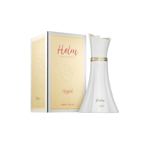 White Helim perfume bottle with gold accents and matching packaging on a white background
