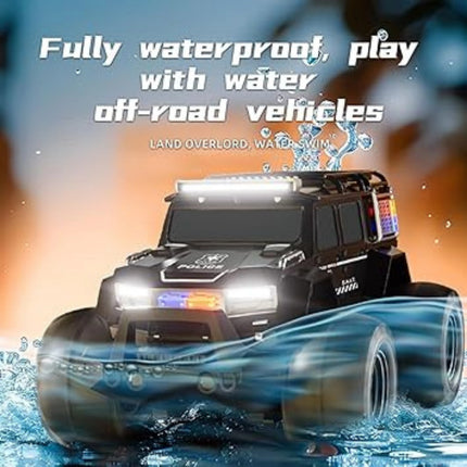 Toy off-road vehicle with water splashes and text about waterproof play.