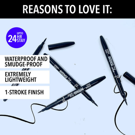 Eyeliner pens with text highlighting features on a light blue background