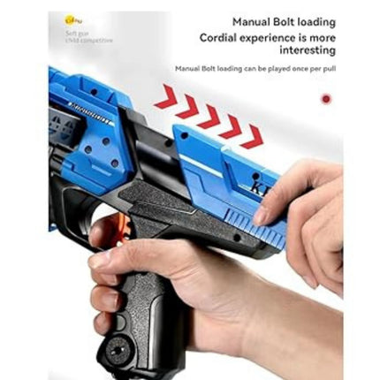 Handheld device with blue and black design, held by a person, on a white background.