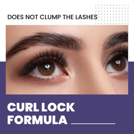 Close-up of eyes with well-defined lashes on a purple background, featuring text about lash formula.