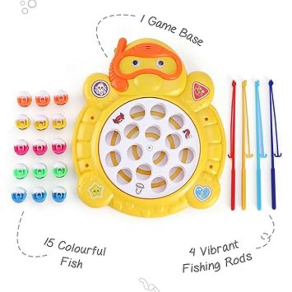 Children's fishing game set with yellow base, colorful fish, and fishing rods on a white background.