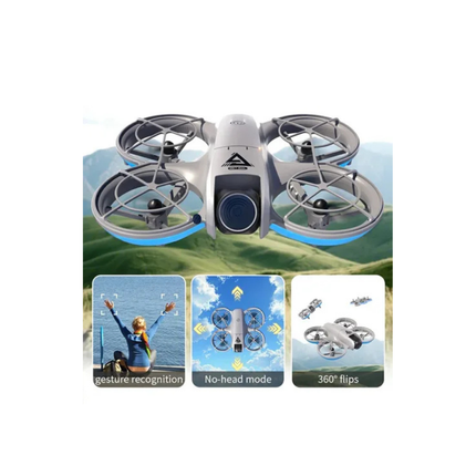 Toy drone with feature cards on a white background