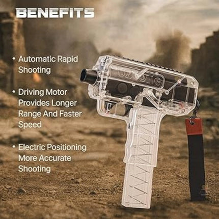 Clear toy gun with red trigger on a desert background, featuring text about its benefits.