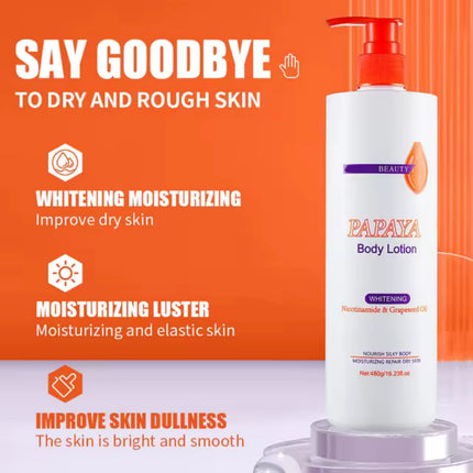 Papaya body lotion bottle with promotional text on an orange background