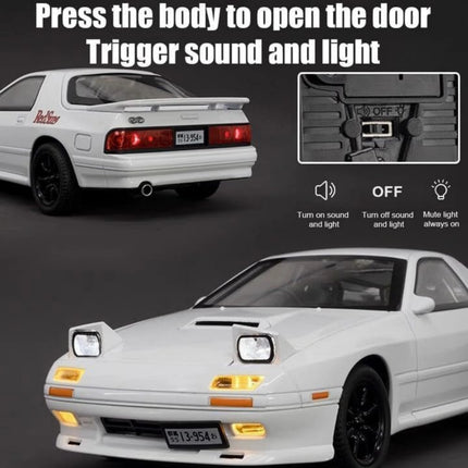 White car with instructions on how to activate sound and light features.