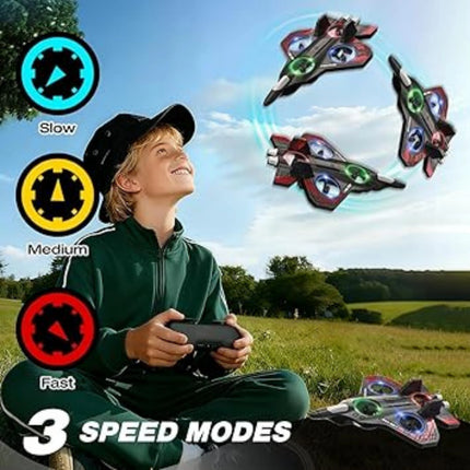 Child playing with remote control aircraft in a field with speed mode indicators.
