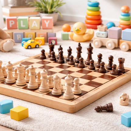 Wooden chess set with pieces on a checkered board, surrounded by children's toys.