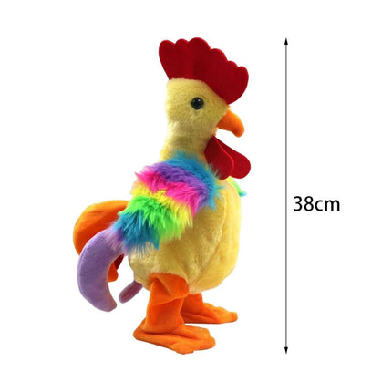 Colorful rooster plush toy with a measurement indicator on a white background