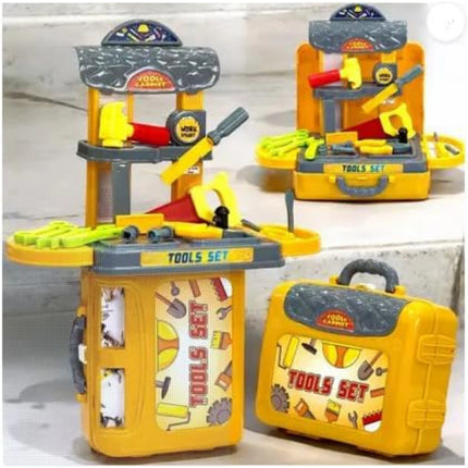 Toy tool set with various tools and a toolbox on a light background