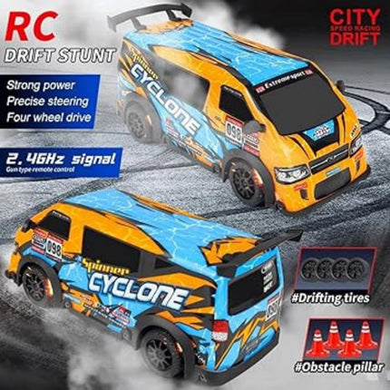 Two RC drift stunt cars with promotional text on a gray background