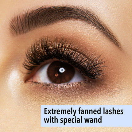 Close-up of an eye with extremely fanned eyelashes and text indicating special wand application.