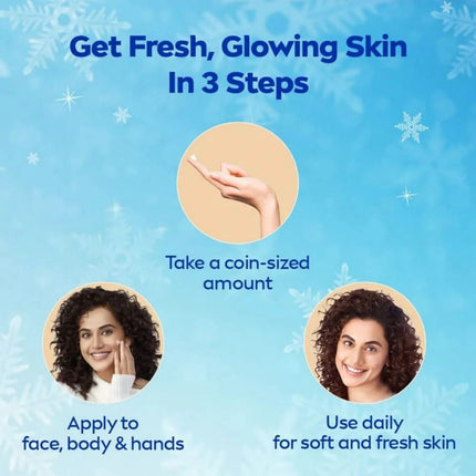 Cosmetic product instructions with a woman applying it on her face, body, and hands on a blue background.