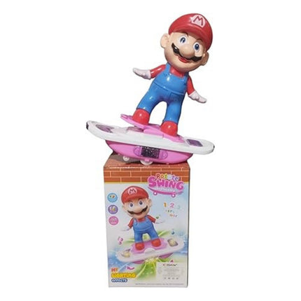 Toy figure of a character on a hoverboard with packaging in the background
