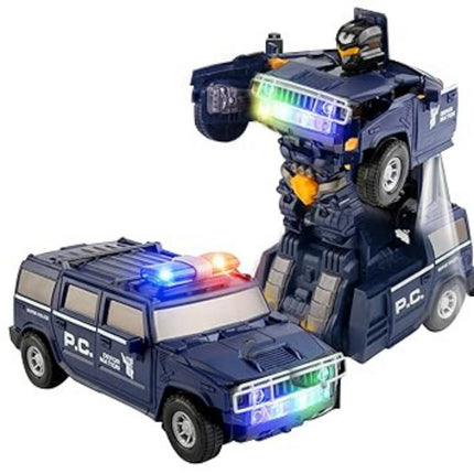 Toy transforming from a police car to a robot with lights and sounds on a white background