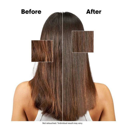 Before and after comparison of hair color treatment on a person with long, straight hair.