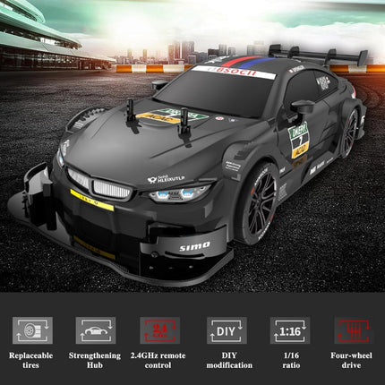 Model racing car with features highlighted on a track background