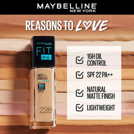Maybelline Fit Me foundation bottle with features listed on a color swatch background
