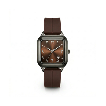 Watch with brown strap and face on a white background