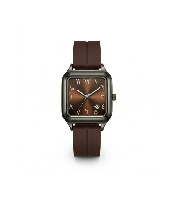 Watch with brown strap and face on a white background