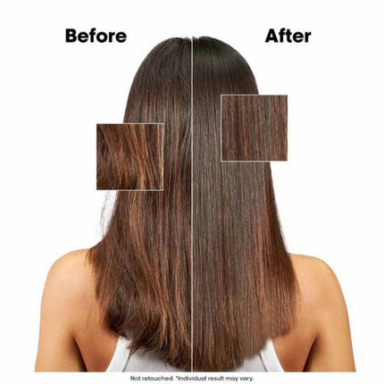 Before and after comparison of hair color treatment on a person with long, straight hair.