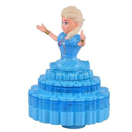 Toy figure of a character in a blue dress on a stack of blue cylindrical blocks against a white background