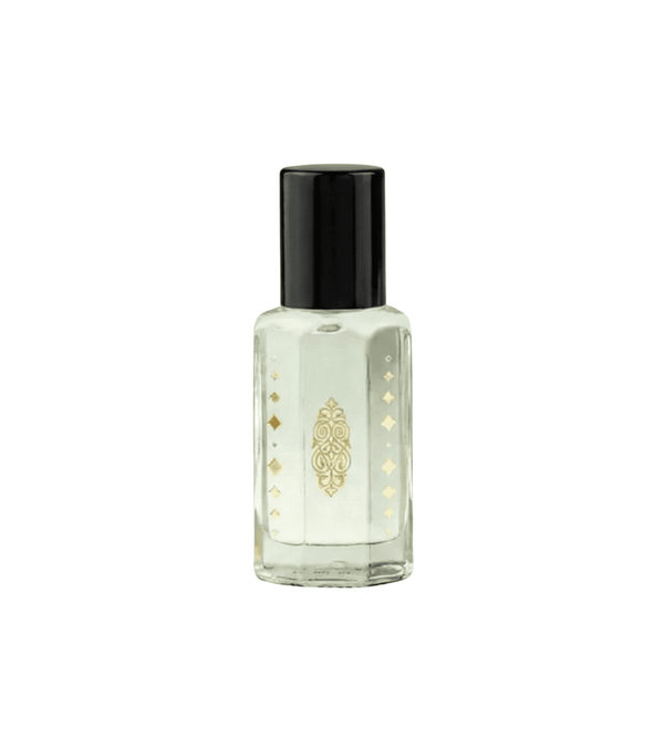 Clear glass bottle with black cap on a white background