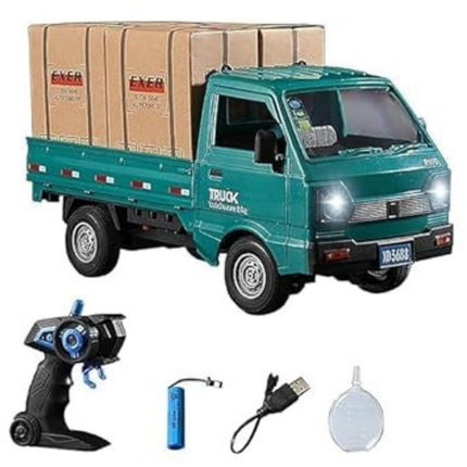 Toy truck with cargo boxes, remote control, battery, and charger on a white background