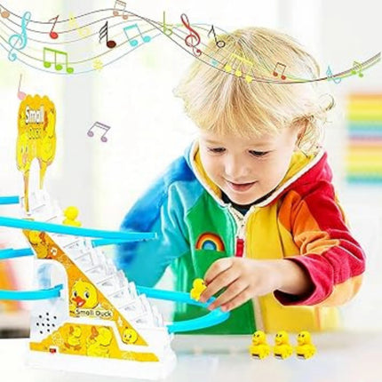 Child playing with a colorful marble run toy set with musical notes above.