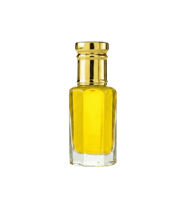Yellow glass bottle with gold cap on a white background