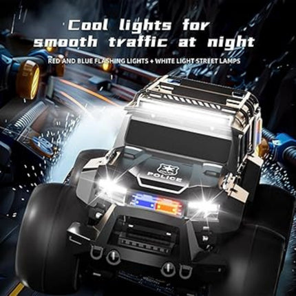 Toy police car with lights on a dark background
