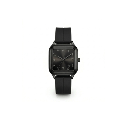Black square watch with a black strap on a white background