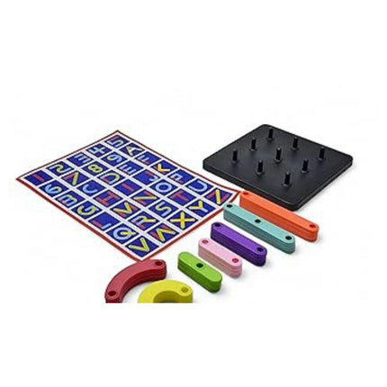 Colorful alphabet learning set with letters and shapes on a white background