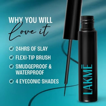 Lakme eye product with features listed on a blue background