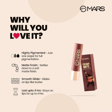 MARS lip product with features listed on a beige background