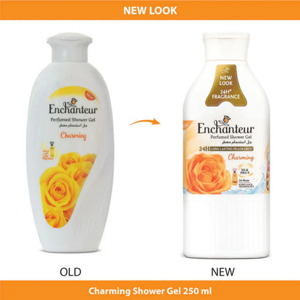 Comparison of Enchanteur Charming Shower Gel bottles, old and new design, on a white background.