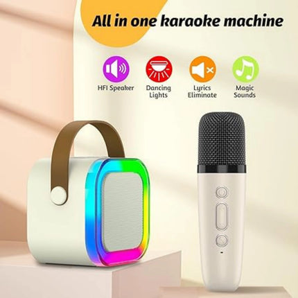 Karaoke machine with microphone and colorful speaker on a beige background