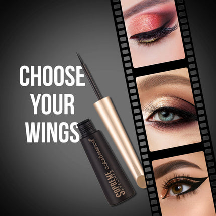 Supreme Color Me eyeliner with eye makeup examples on a dark background
