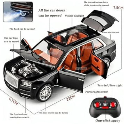 Toy car with open doors and detailed features, including a remote control, on a white background.