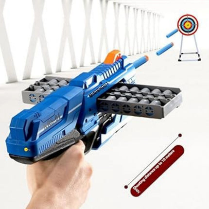 Blue toy gun with multiple darts on a white background