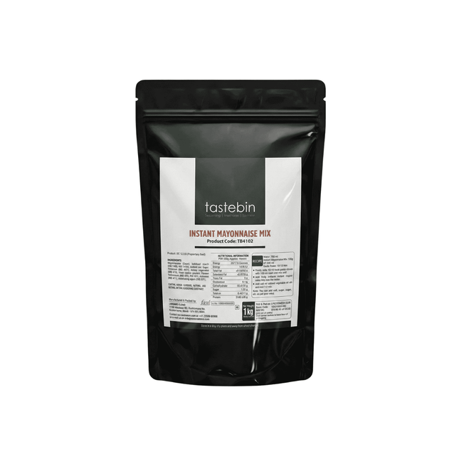 Black package of tastebin instant mayonnaise mix on a white background