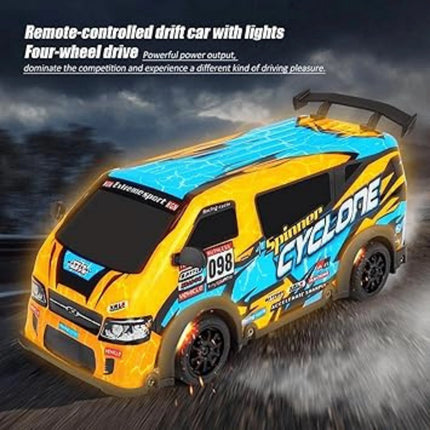 Remote-controlled drift car with lights and four-wheel drive on a dark background