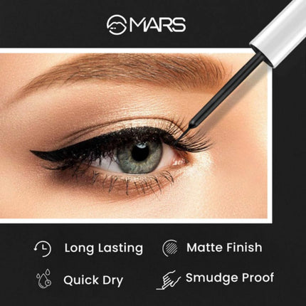 Eyeliner being applied to an eye with MARS branding, highlighting features like long-lasting, matte finish, quick dry, and smudge proof.