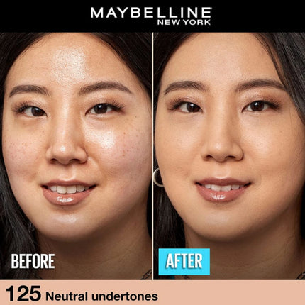 Before and after comparison of a woman's face with Maybelline New York foundation.