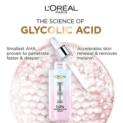 L'Oreal Paris Glycolic Acid serum with dropper on a white background