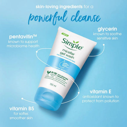 Simple micellar gel wash with skin-loving ingredients on a blue background