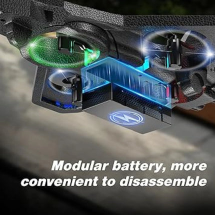 Close-up of a modular battery system with glowing green and blue lights on a dark background.